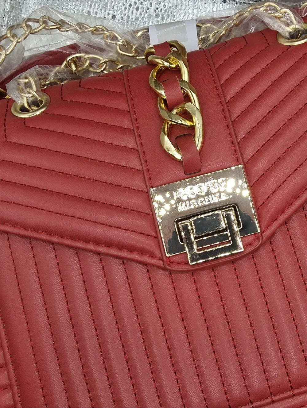 Badgley Mischka Bag Red Quilted Chain-Accent Shoulder Bag Vegan Leather NWT
